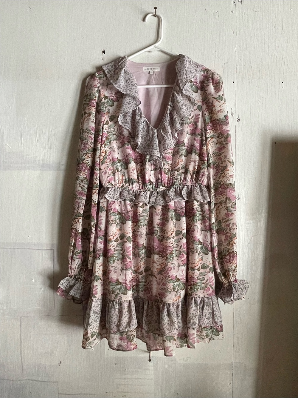 Free the Roses Dusty Pink Floral Ruffle Tiered Long-Sleeve Mini Dress